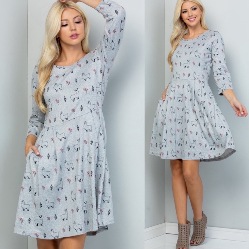 LA SOUL 🦙Llama Prints Long Sleeves Tunic Sweater Dress, Size: Large